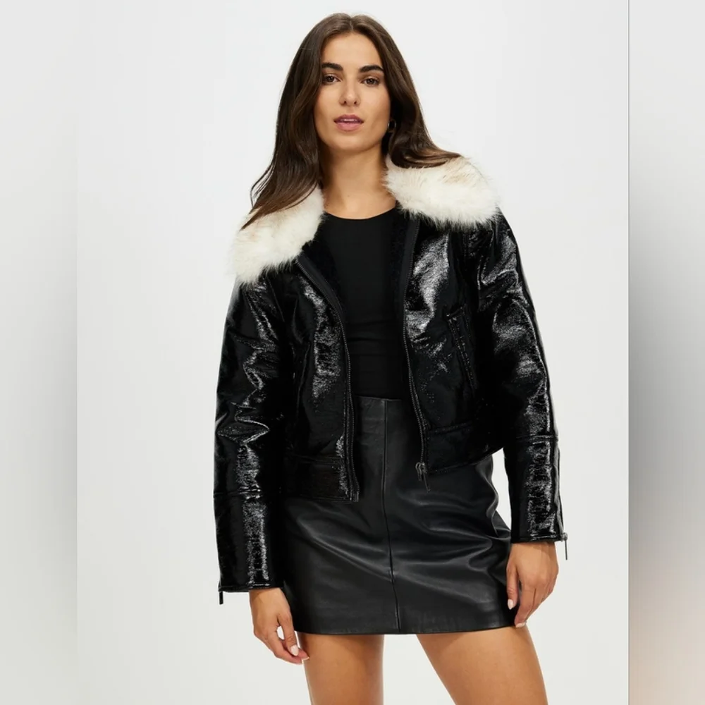 UNREAL FUR Wet Look Black Moto Jacket-NWT-SzM. NWOT- high end boutique/ PATENT - Picture 8 of 10